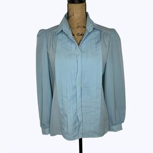 Vintage Nikki Secretary Blouse Blue Pleated Front Puff Shoulder 80s 70s Sz 11/12